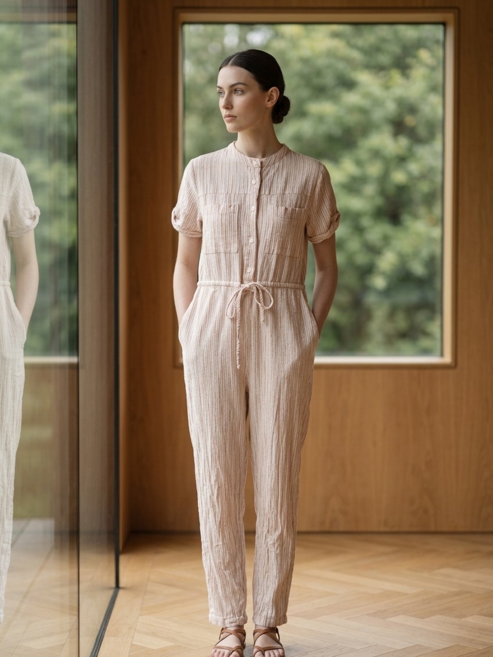 Line & Dot Cream And Tan Striped Short-Sleeve Cotton/Linen Jumpsuit Tie Waist